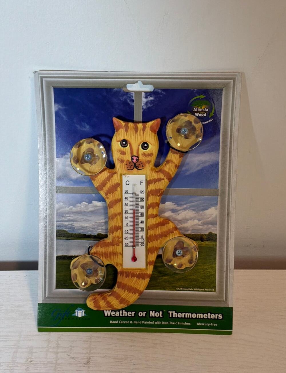 Songbird Essentials 5" Climbing Cat Window Thermometer Hand Carved & Painted